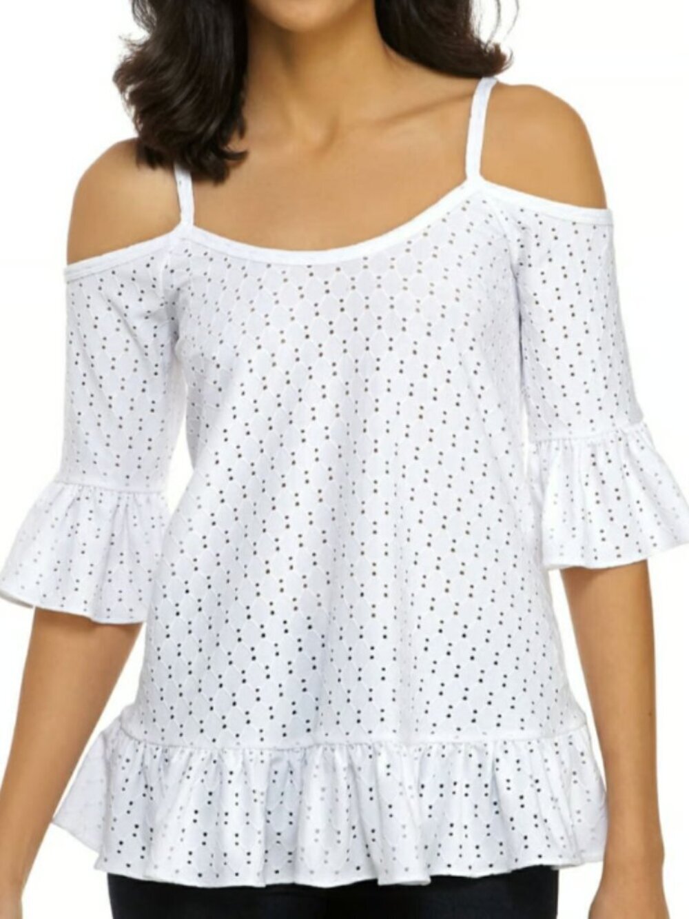 NWT Michael Kors White Eyelet Top Ruffled Cold Shoulder Flared Flounce Hem
